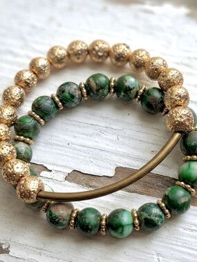 Imperial Green Jasper and Gold Lava Stone Stretchy Stack Bracelet Set